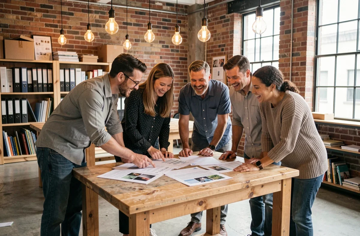 Groupe de collègues divers collaborant autour d'une table de travail dans un espace co-working industriel, symbole de la cohésion et de l'esprit d'équipe
