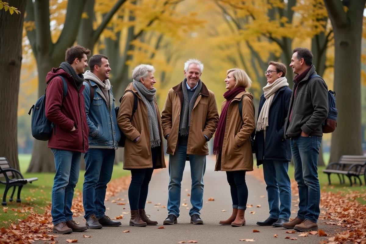 Groupe multigénérationnel réuni dans un parc urbain en automne, symbolisant la cohésion et la diversité au sein d'un groupe