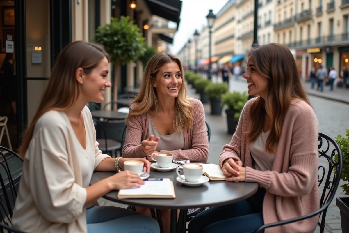 Trio de femmes discutant autour d'un café en terrasse parisienne, illustrant la convivialité et l'échange au sein d'un groupe