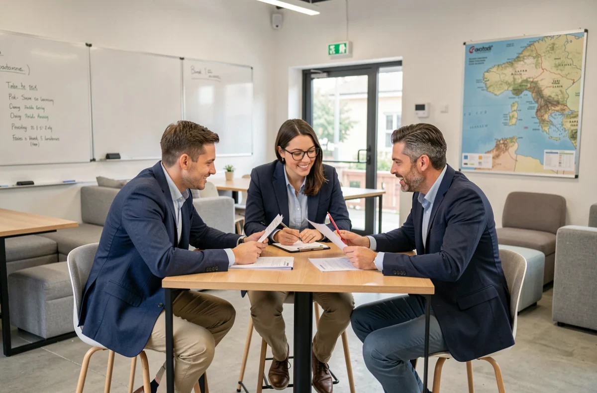 Groupe de freelances en réunion collaborative dans un espace de coworking de Cagnes-sur-Mer