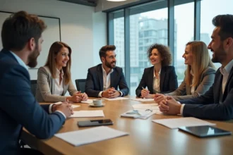 Groupe de professionnels réunis autour d'une table de réunion en bois dans un bureau moderne, engagés dans une discussion collaborative