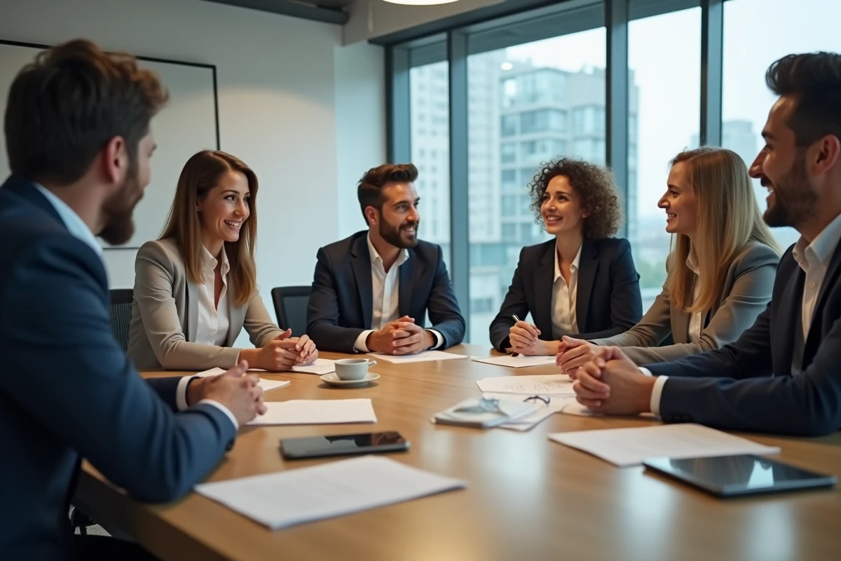 Groupe de professionnels réunis autour d'une table de réunion en bois dans un bureau moderne, engagés dans une discussion collaborative