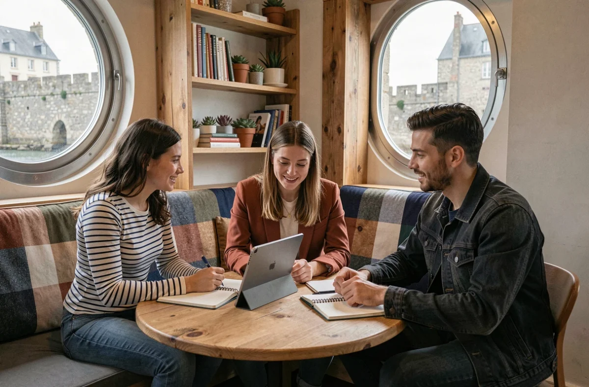 Groupe de professionnels en réunion collaborative dans un espace de coworking à Concarneau