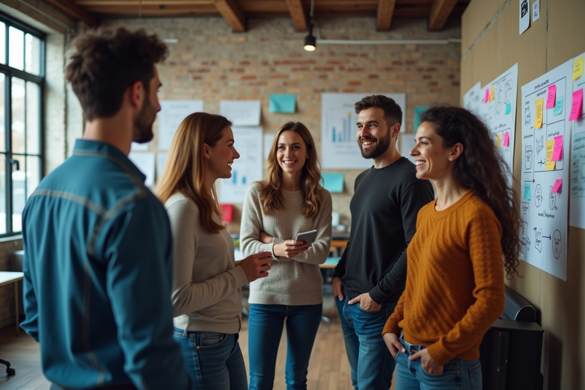 Groupe de professionnels créatifs en discussion dans un espace de travail