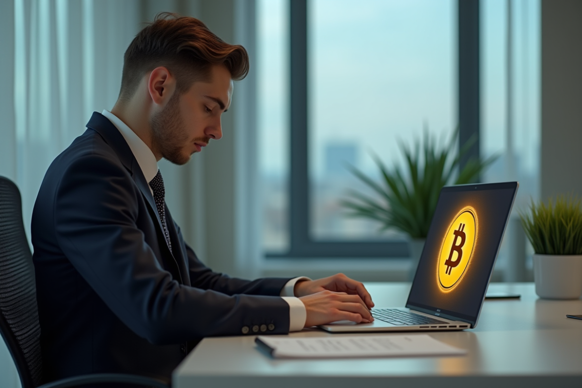 Jeune homme d'affaires lisant un contrat avec symbole crypto
