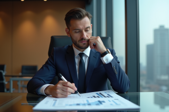Homme d'affaires en costume navy dans un bureau moderne