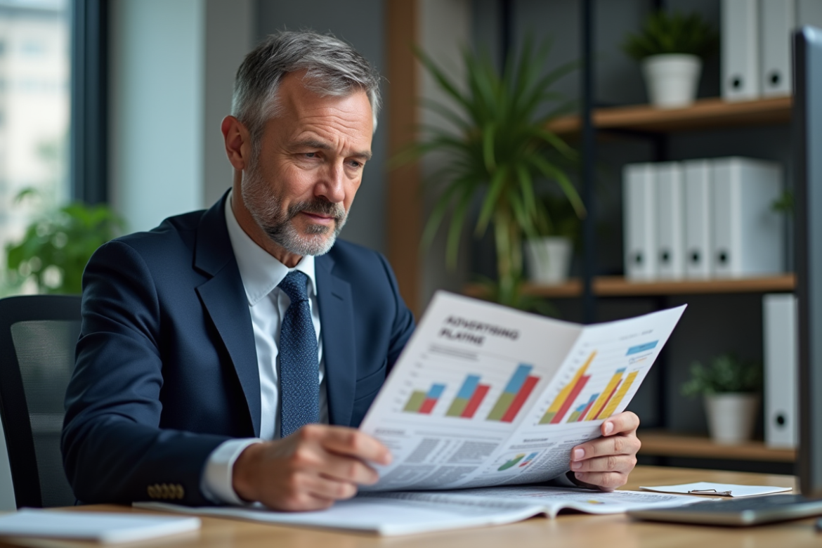 Homme d'affaires en costume analysant une publicité dans un bureau moderne