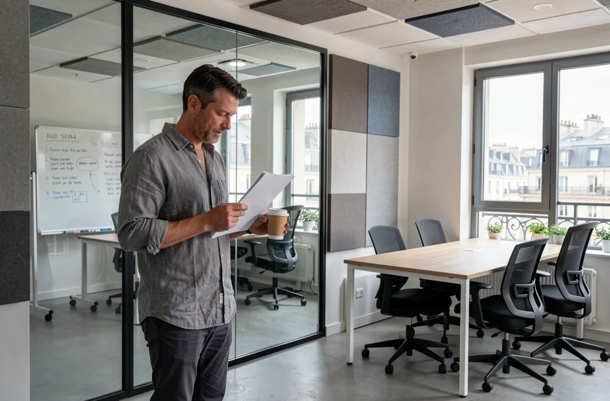Homme d'affaires consultant des documents devant une salle de réunion vitrée dans un coworking du 15e arrondissement de Paris