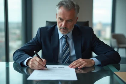 Homme d'affaires signant un contrat dans un bureau moderne