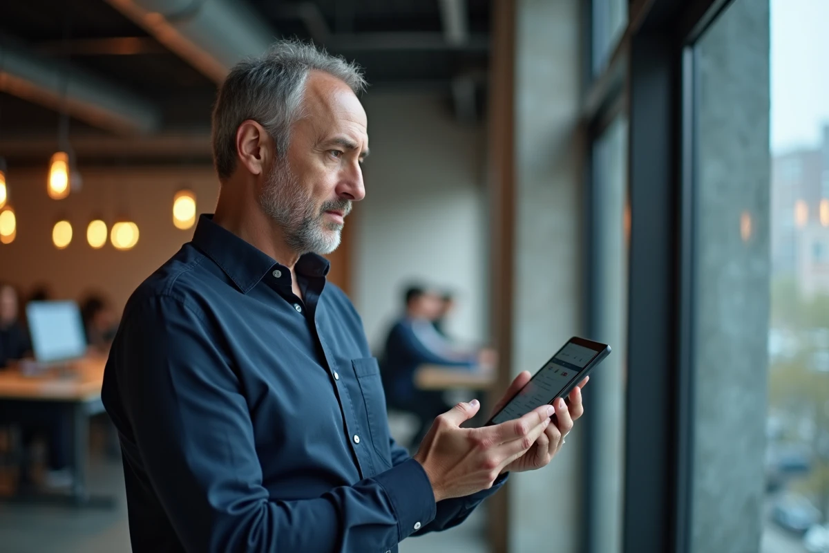 Homme parcourant les solutions d'aide en ligne pour Convergence Grenoble sur une tablette dans un espace de coworking