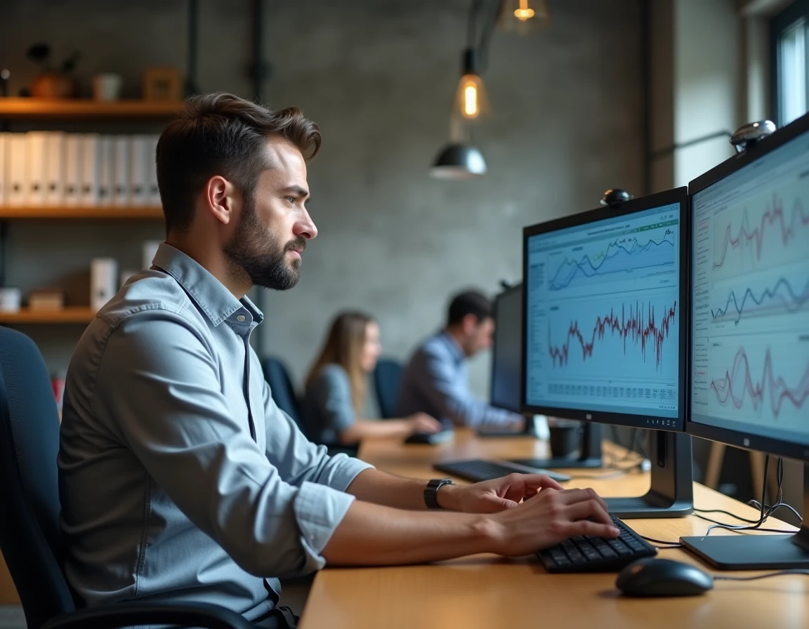 Homme analysant des logiciels d'automatisation et des indicateurs de performance sur double écran dans un espace de coworking, évoquant la digitalisation des processus internes en entreprise