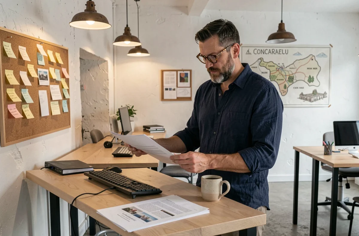 Homme debout à un bureau de coworking dans un espace partagé à Concarneau