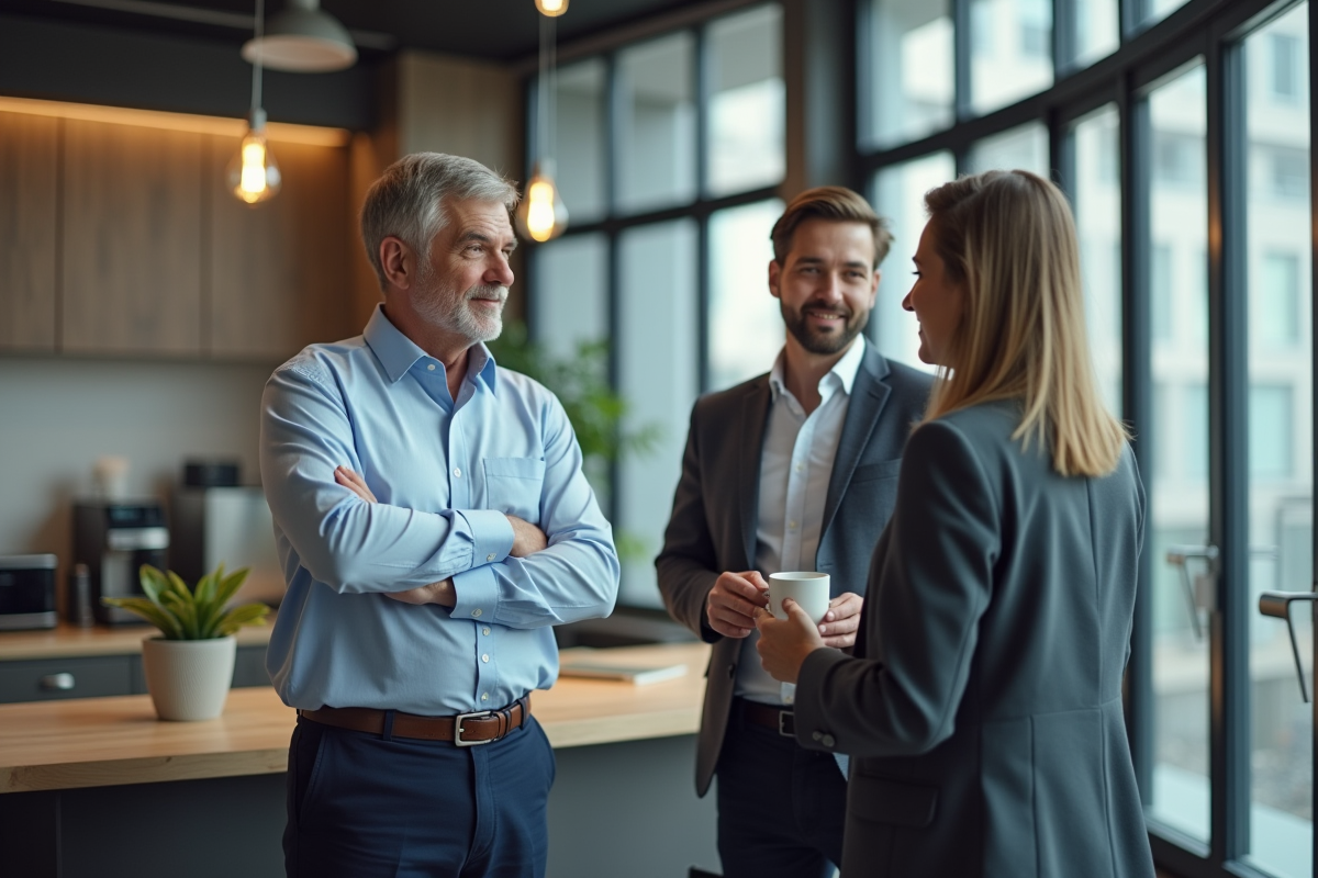 Homme en tenue casual discutant dans la salle de pause