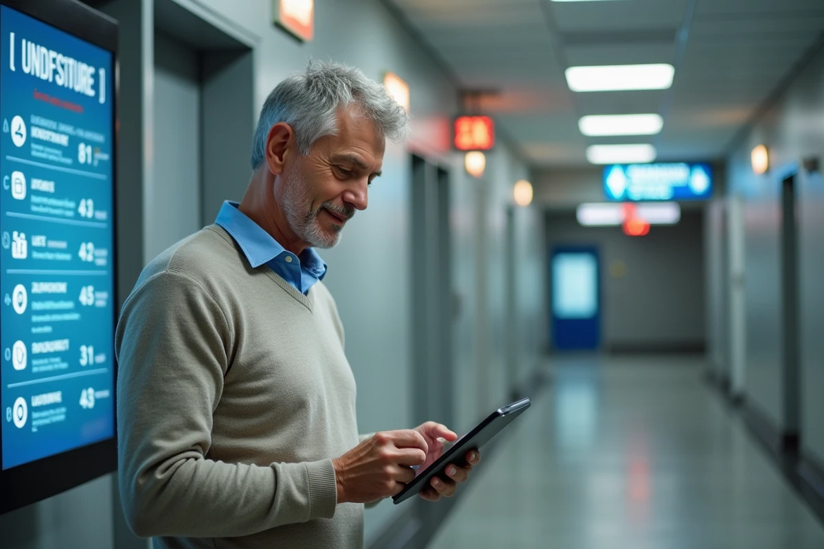 Homme d age moyen utilisant une tablette dans un bâtiment public