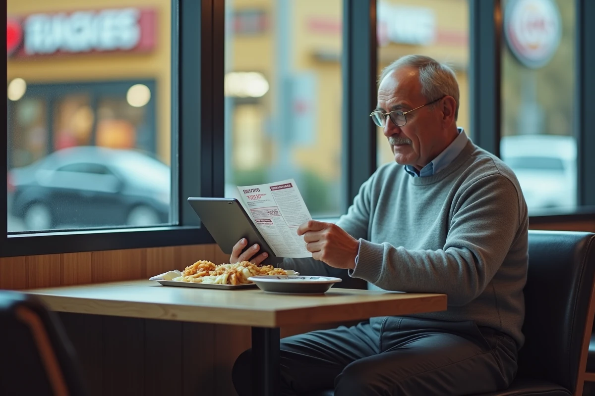 Homme comparant un coupon de réduction et l'application Burger King sur tablette pour maximiser ses avantages BKvousecoute