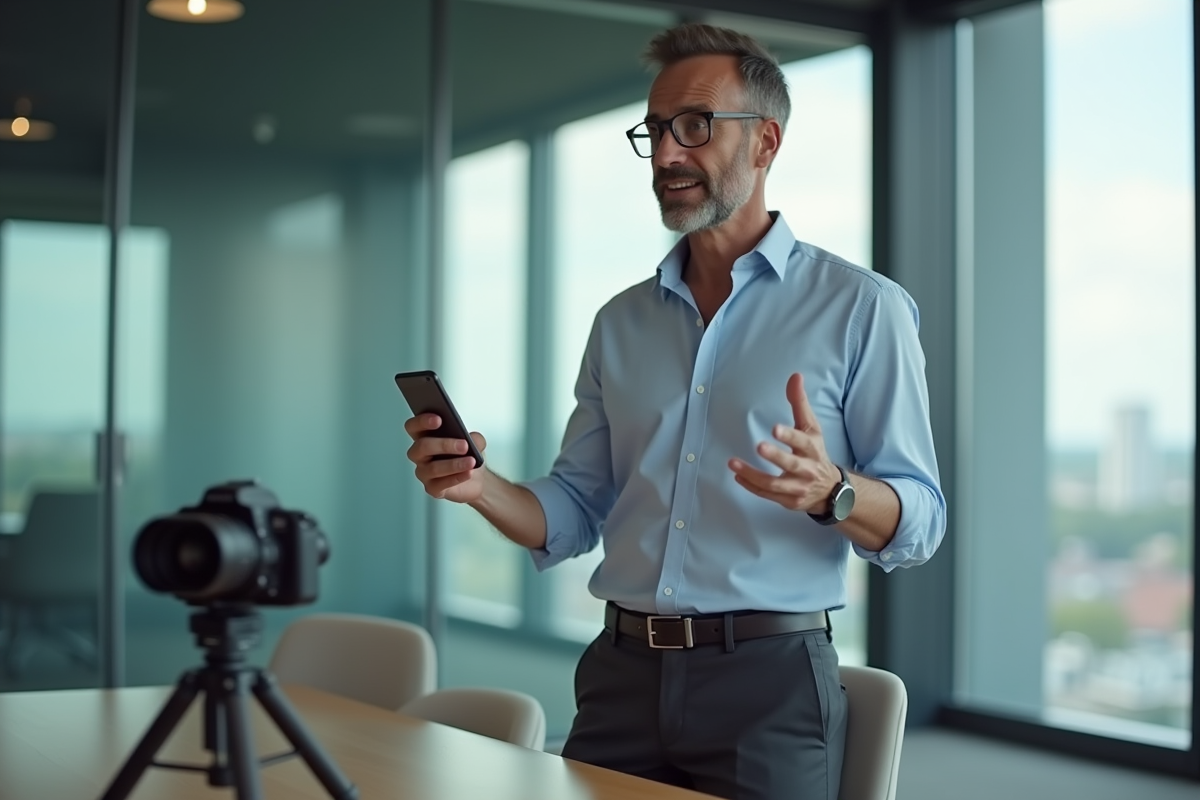 Homme en réunion enregistrant une video avec smartphone