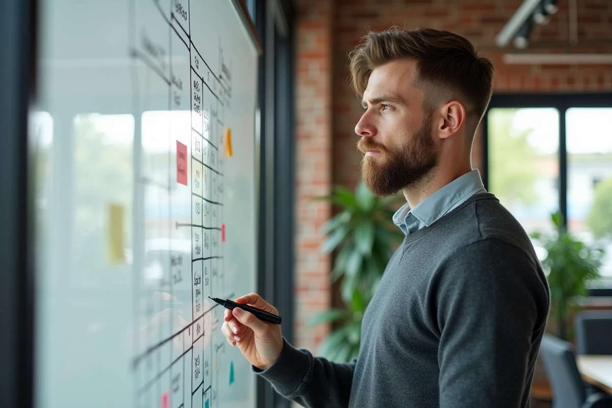 Homme esquissant un planning dans un espace de coworking lumineux