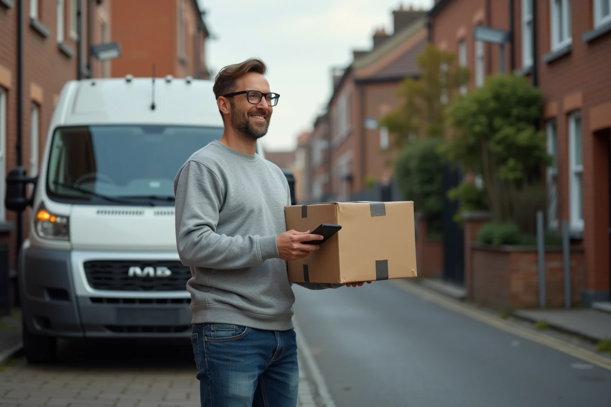 Homme souriant scannant un colis devant une camionnette urbaine