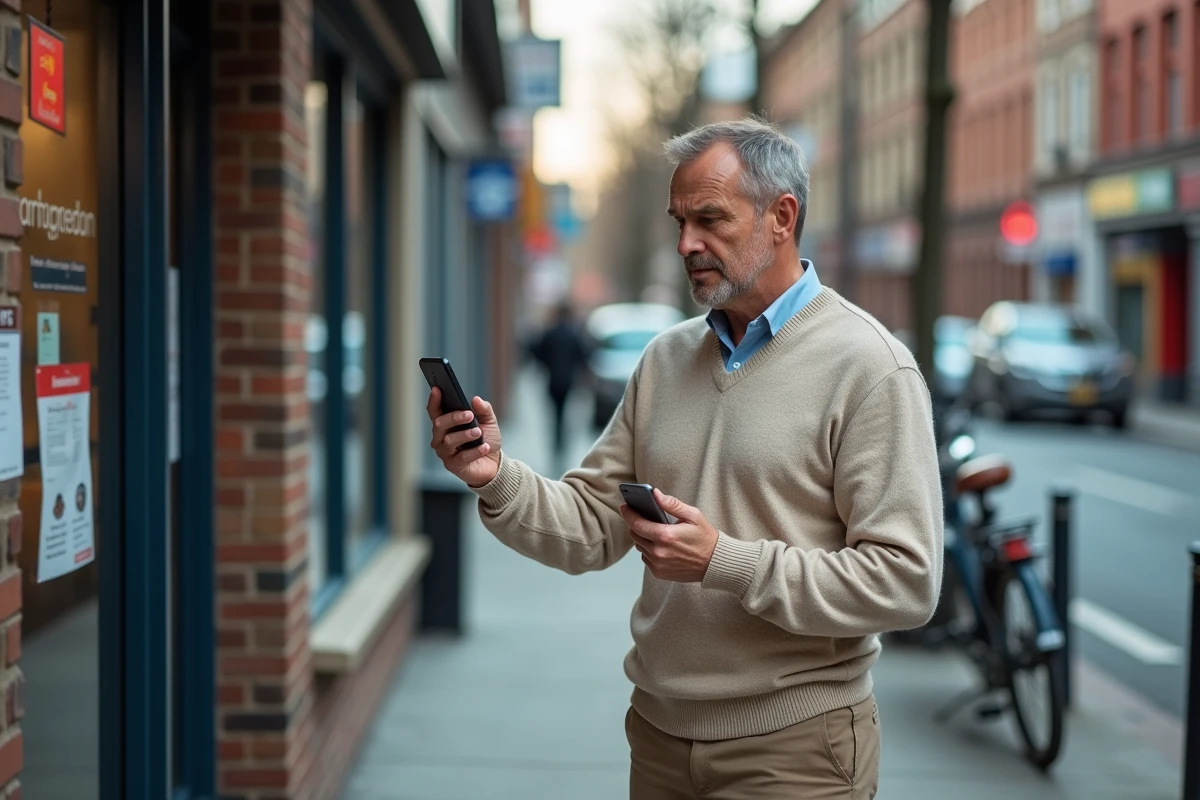 Homme utilisant son smartphone devant la poste