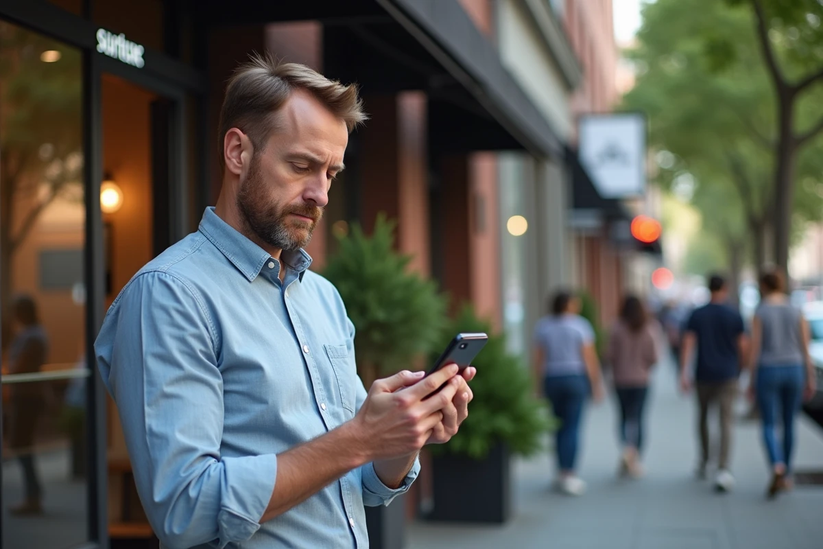 Homme scannant un QR code devant une boutique en ville