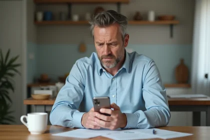 Homme d'âge moyen dans une cuisine avec smartphone
