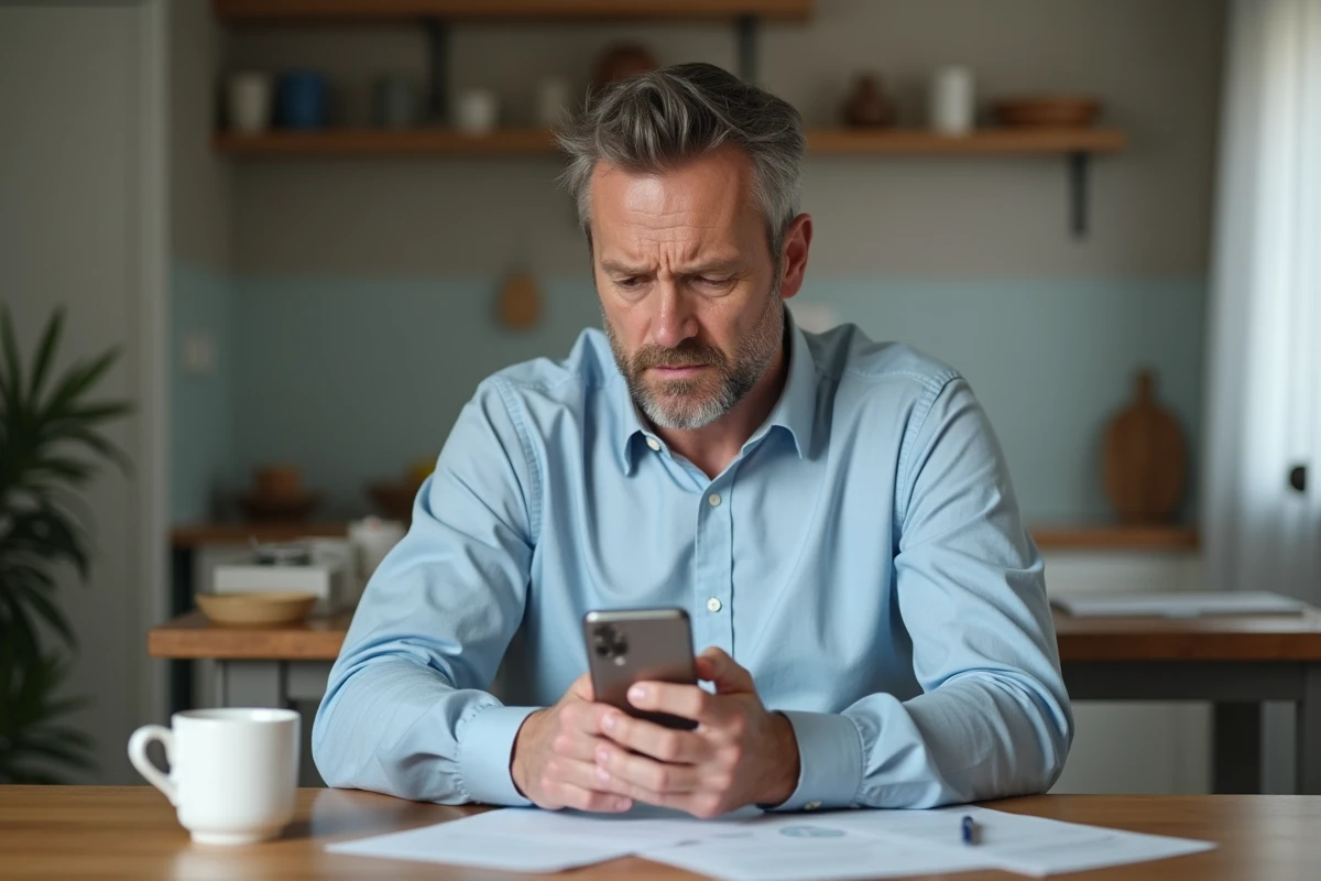 Homme d'âge moyen dans une cuisine avec smartphone