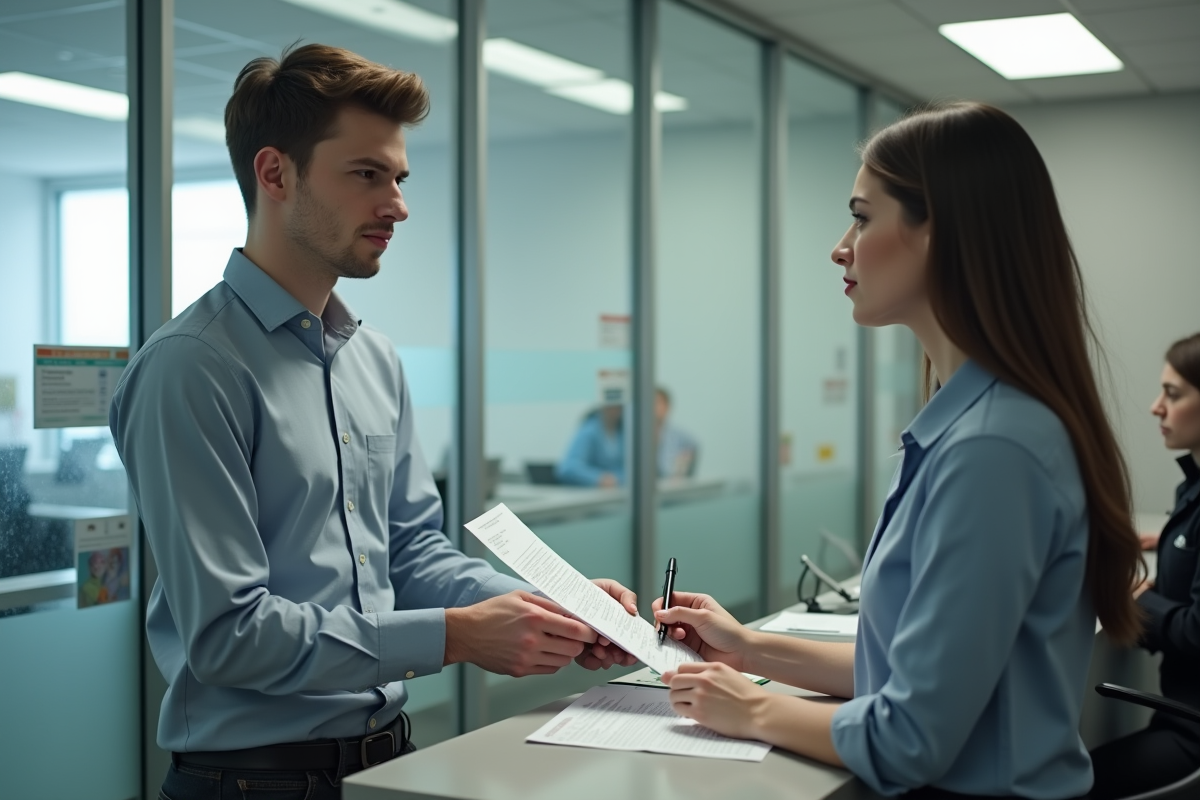 Jeune homme remettant un document à un agent administratif