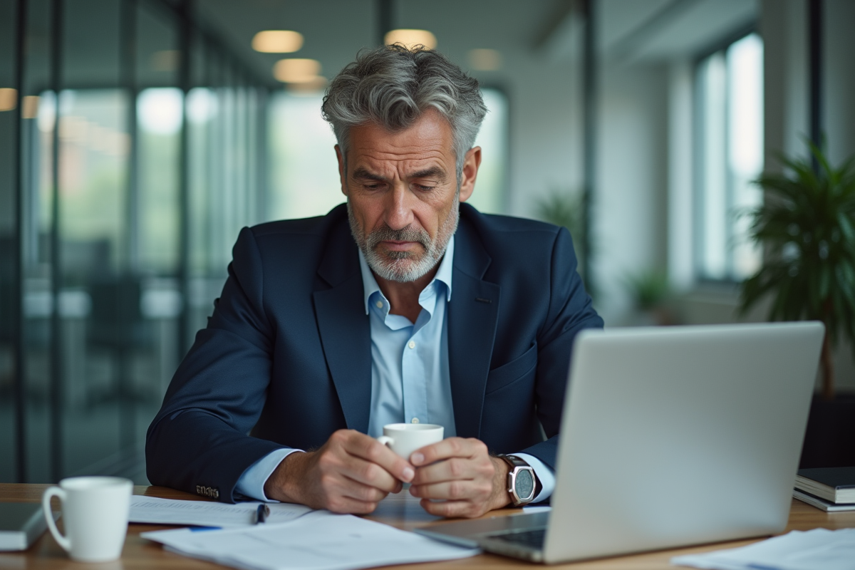 Homme d'affaires stressé dans son bureau en pleine réflexion