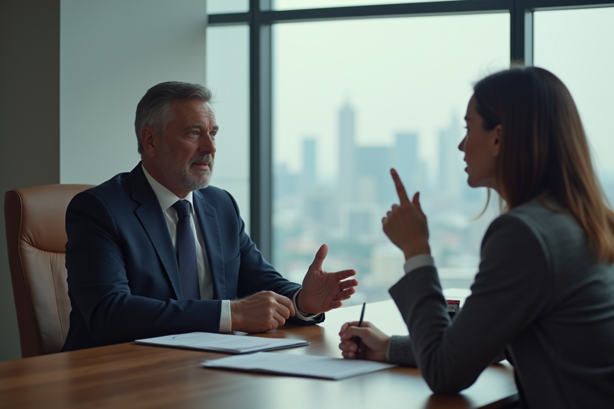 Homme en costume navy écoute une collègue lors d