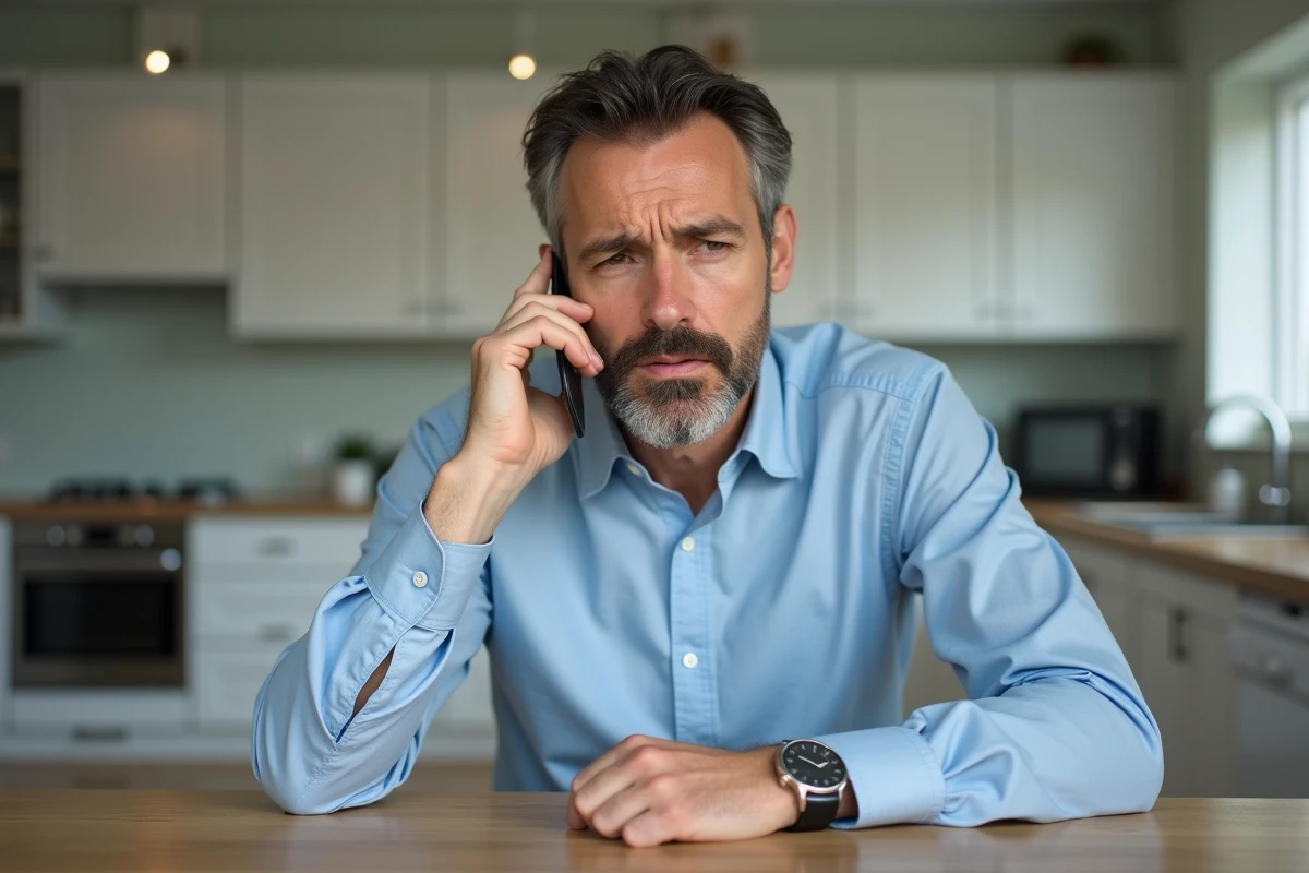 Homme d'âge moyen au téléphone dans une cuisine moderne