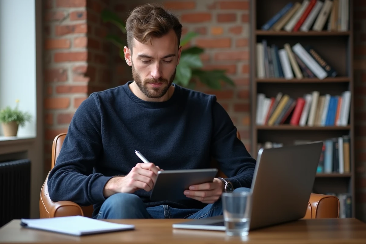 Homme en télétravail installé dans un fauteuil avec une tablette graphique dans un appartement moderne