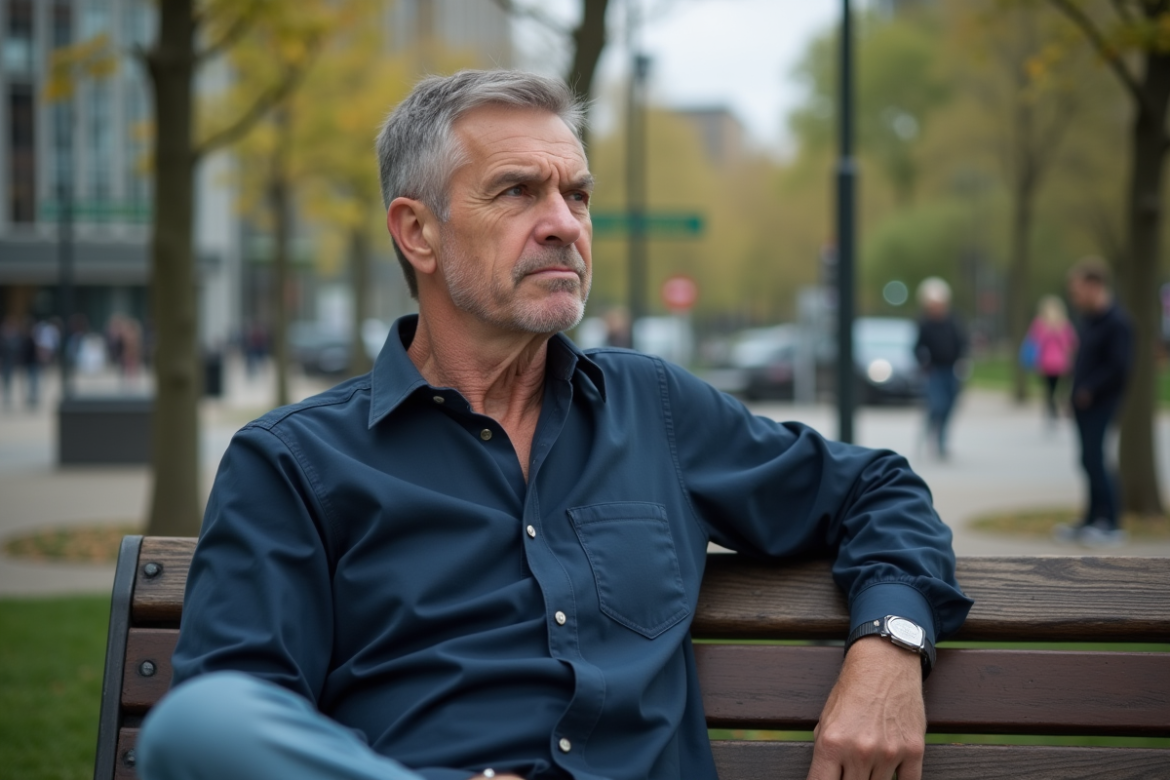 Homme d'âge moyen assis sur un banc dans un parc urbain