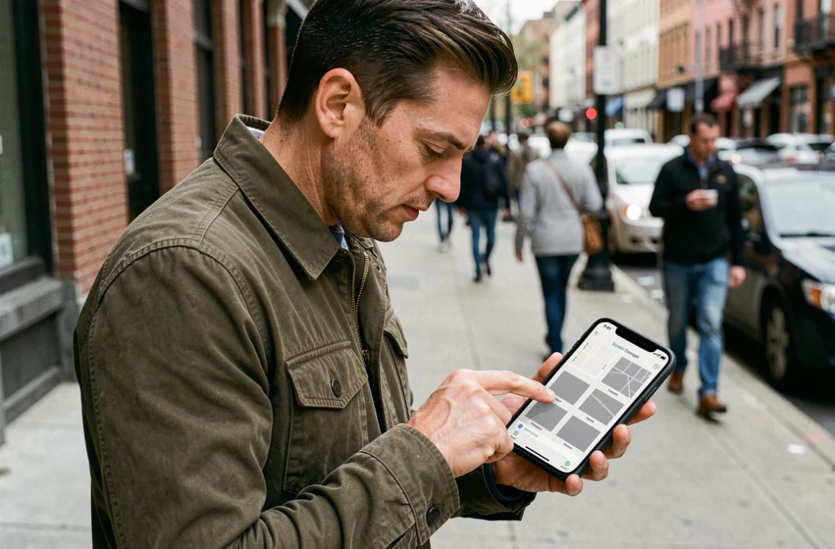 Homme en ville regardant son téléphone avec une application Gozmap qui ne charge pas correctement