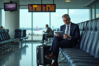 Homme d'affaires seul à l'aéroport vérifiant sa tablette