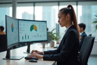 Professionnelle utilisant un tableau de bord numérique centralisé sur grand écran dans un open space moderne