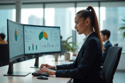 Professionnelle utilisant un tableau de bord numérique centralisé sur grand écran dans un open space moderne