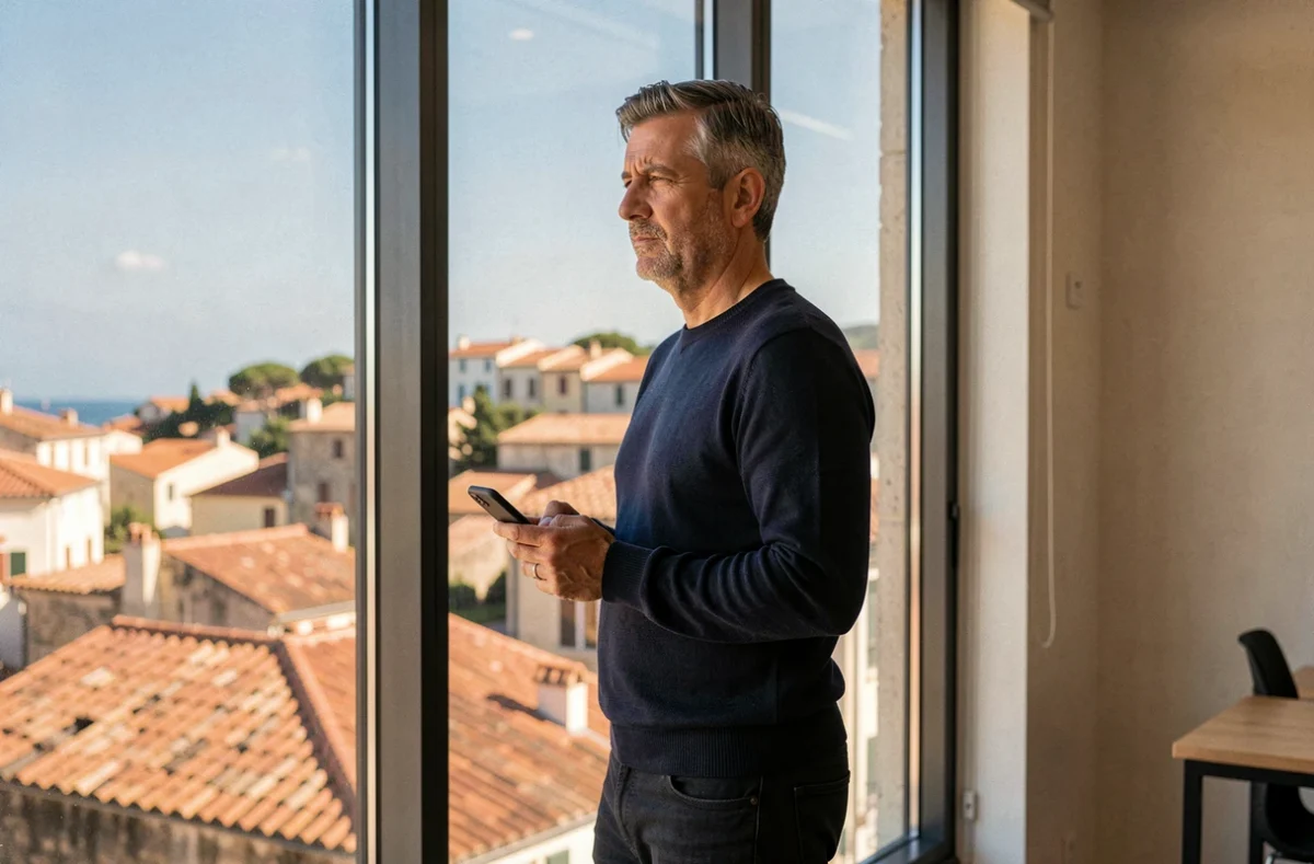 Travailleur indépendant regardant par la fenêtre d'un coworking avec vue sur le vieux village de Cagnes-sur-Mer