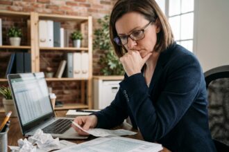Femme indépendante portant des lunettes de vue examinant des documents fiscaux dans un bureau à domicile