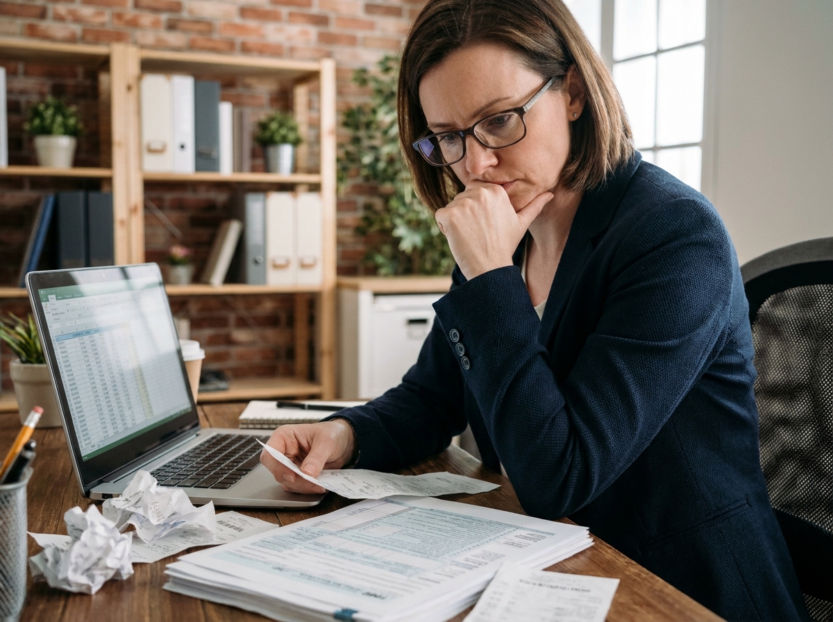 Femme indépendante portant des lunettes de vue examinant des documents fiscaux dans un bureau à domicile