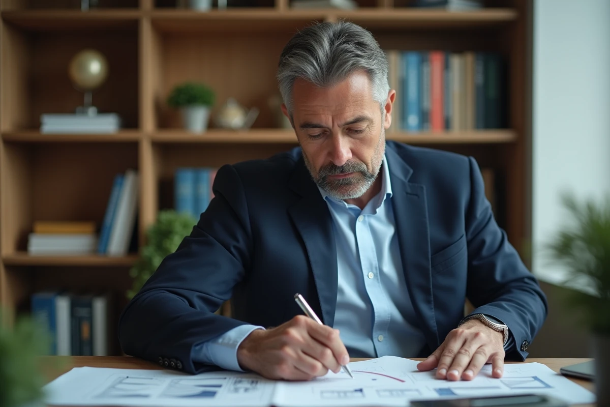 Ingénieur concentré à son bureau avec plans et livres techniques