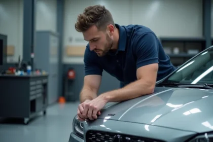 Ingénieur automobile examinant un marquage numérique Brigyt sur la carrosserie d'un véhicule dans un atelier professionnel