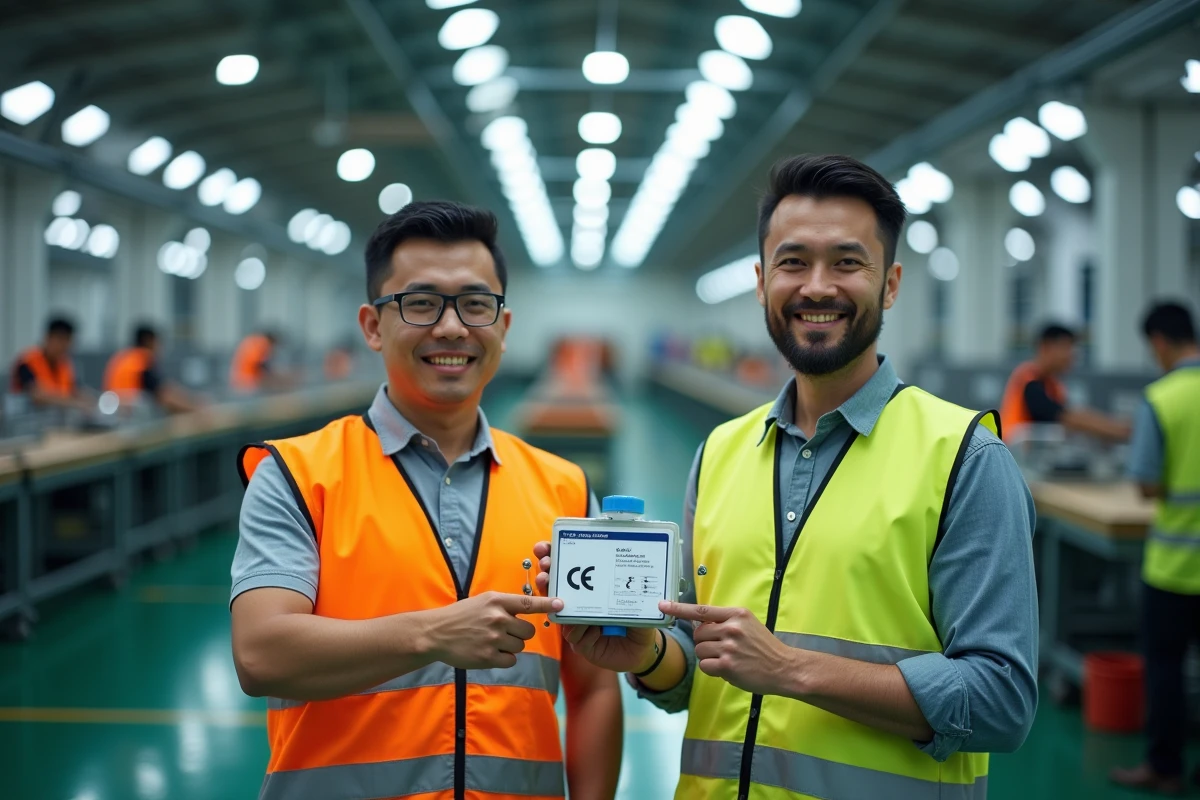 Deux ingénieurs inspectant un composant avec étiquette CE China Export sur une ligne de production en Chine