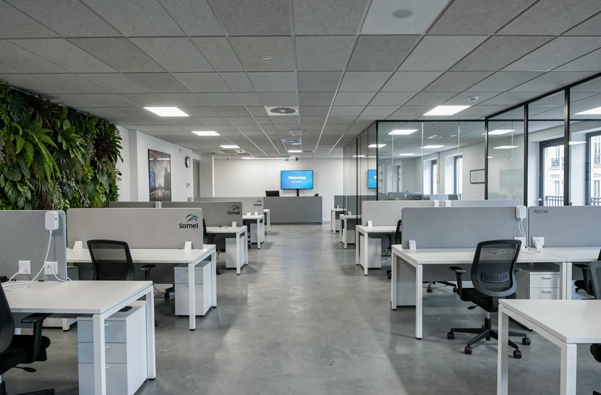 Vue intérieure d'un espace coworking vide et moderne dans le 15e arrondissement de Paris avec postes de travail et cloisons vitrées