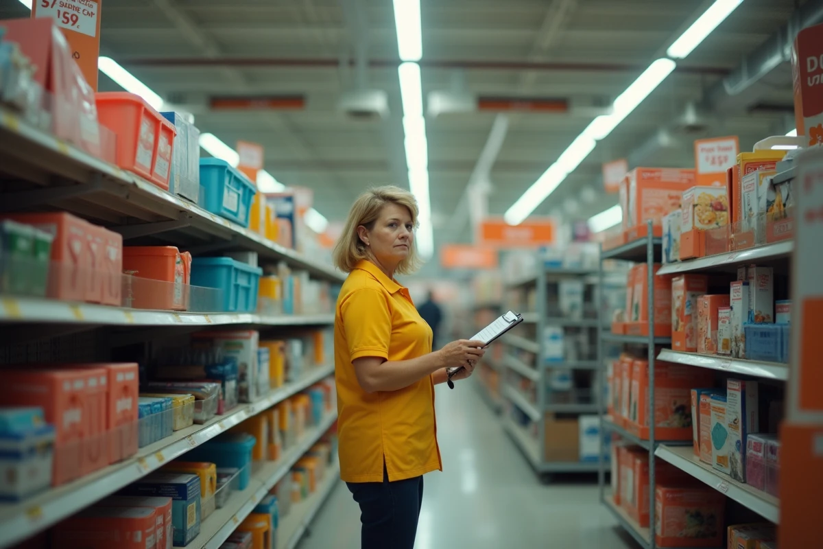 Intérieur d'un magasin GiFi en liquidation avec rayons partiellement vides et employée consultant un inventaire, ambiance de fermeture commerciale