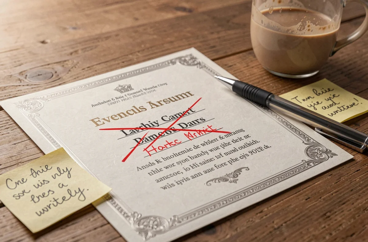 Invitation professionnelle avec corrections manuscrites en rouge sur table en bois, montrant les erreurs de formulation courantes dans les invitations événementielles