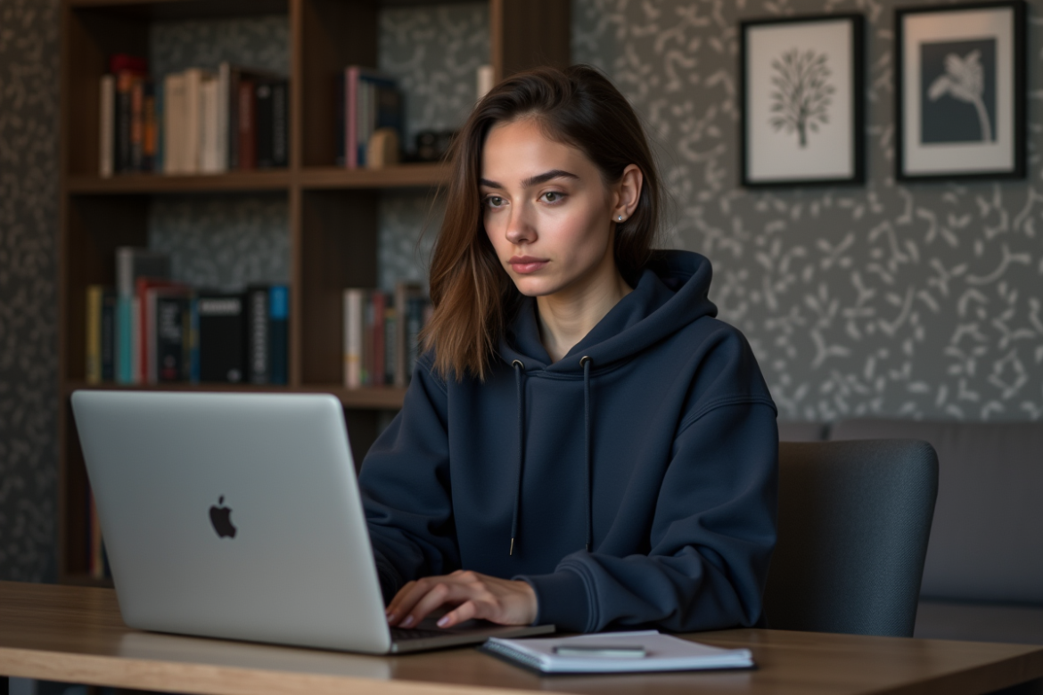 Jeune femme en hoodie regardant son ordinateur dans un bureau