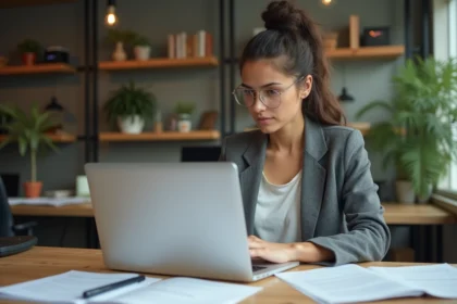 Jeune femme en blazer au bureau travaillant sur documents
