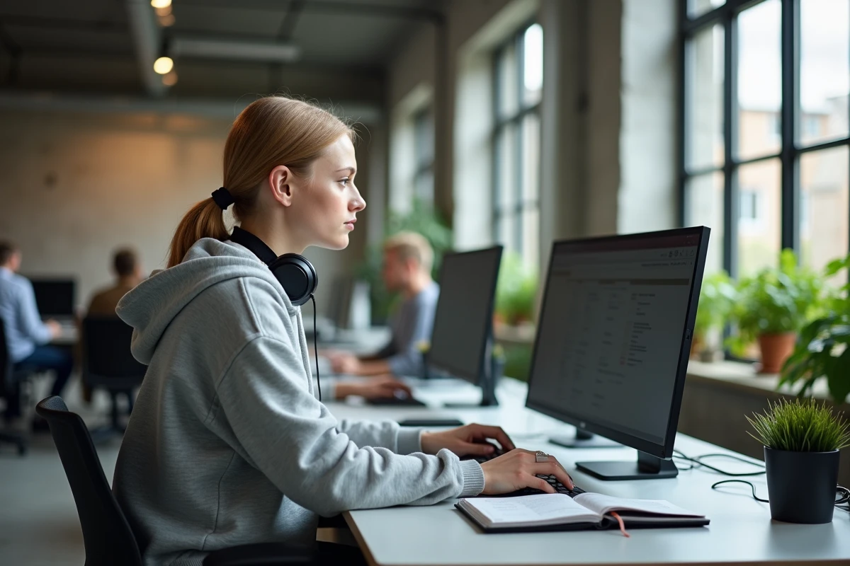 Jeune femme travaillant à distance dans un espace de coworking moderne avec double écran et écouteurs