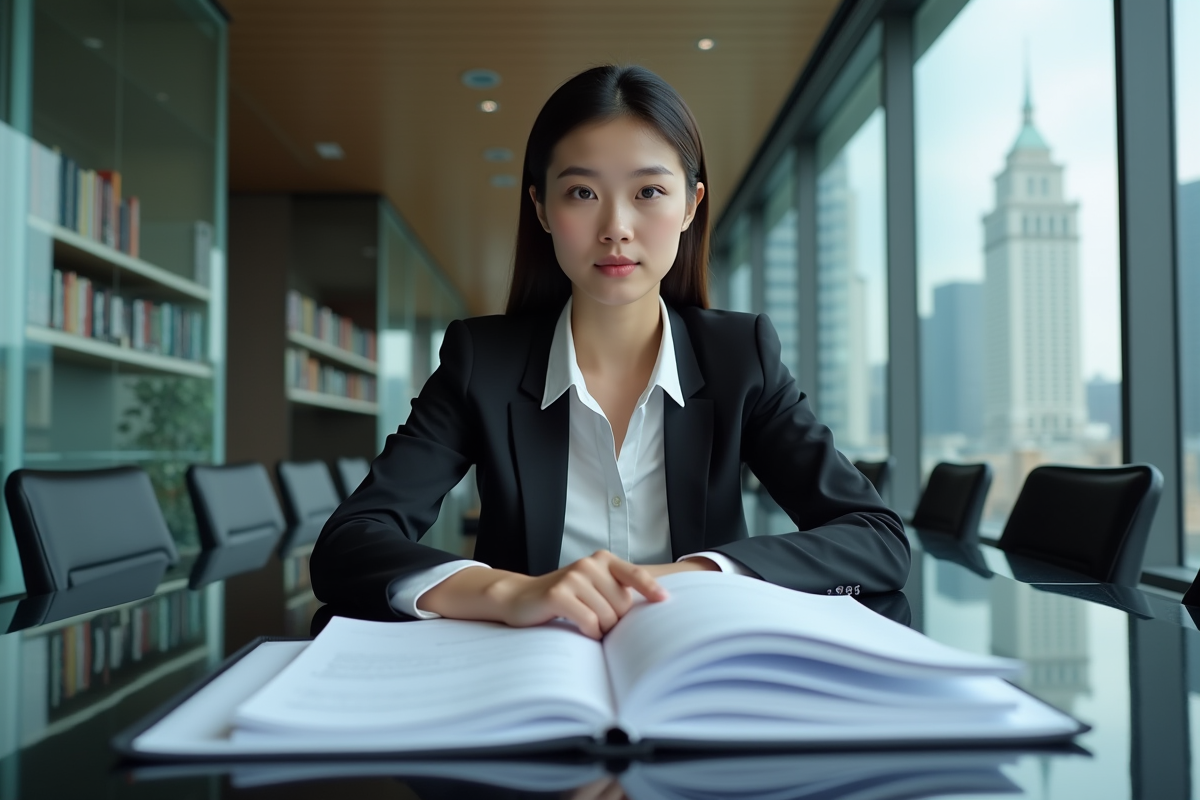 Jeune femme en costume examinant des documents au bureau