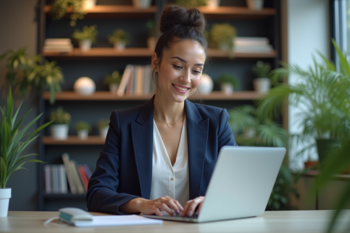 Femme professionnelle souriante dans un bureau moderne